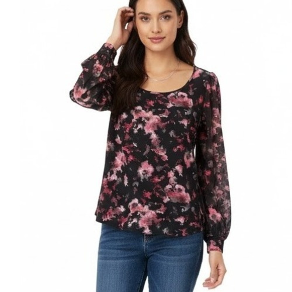 J Jill Floral Blouse Womens XS Black Pink Long Sleeve Scoop Neck Polyester Top‎